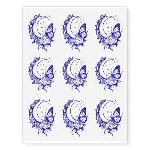 Cool Blue Roses Crescent Moon & Butterfly Temporary Tattoos