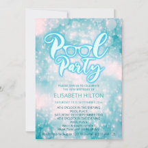 Cool blue script pool party bokeh birthday