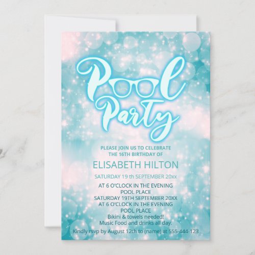 Cool blue script pool party bokeh birthday  invitation
