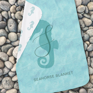Cool Blue Seahorse Monogram Name Baby Blanket