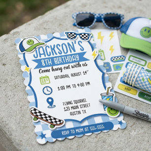 Cool Blue Skateboard Checkered Boys Birthday  Invitation