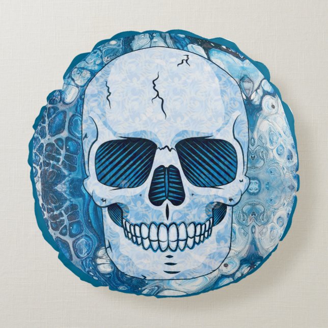 Cool Blue Skull Round Pillow (Front)