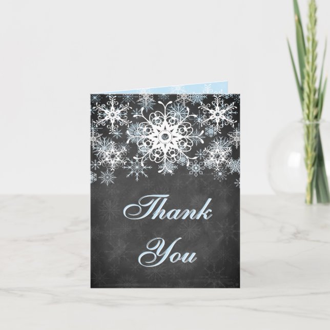 Cool Blue Snowy Chalkboard Wedding Thank You Card (Front)