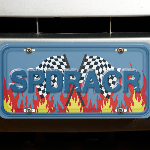 Cool Blue SPDRACR Race Flags and Flames License Plate