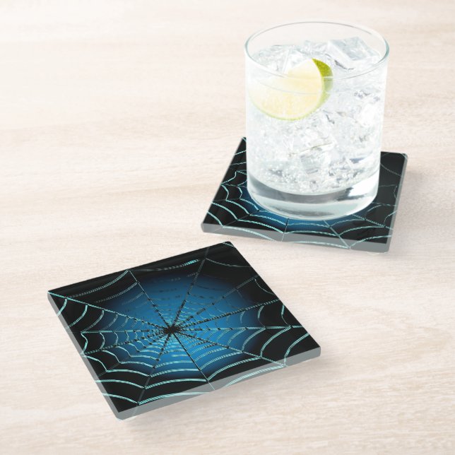 Cool Blue Spider Web Glass Coaster (Angled)