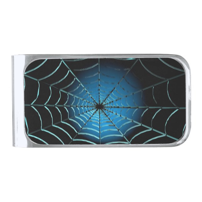 Cool Blue Spider Web Silver Finish Money Clip (Front)