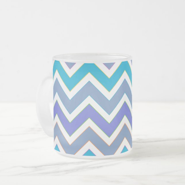 Cool Blue Sporty Chevron Pattern Frosted Glass Coffee Mug (Front Left)