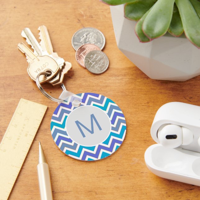 Cool Blue Sporty Chevron Pattern Monogram Keychain (Desk)