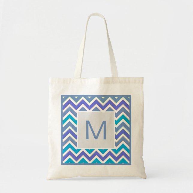 Cool Blue Sporty Chevron Pattern Monogram Tote Bag (Front)