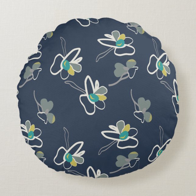 Cool Blue Spring Floral Pattern Round Pillow (Front)