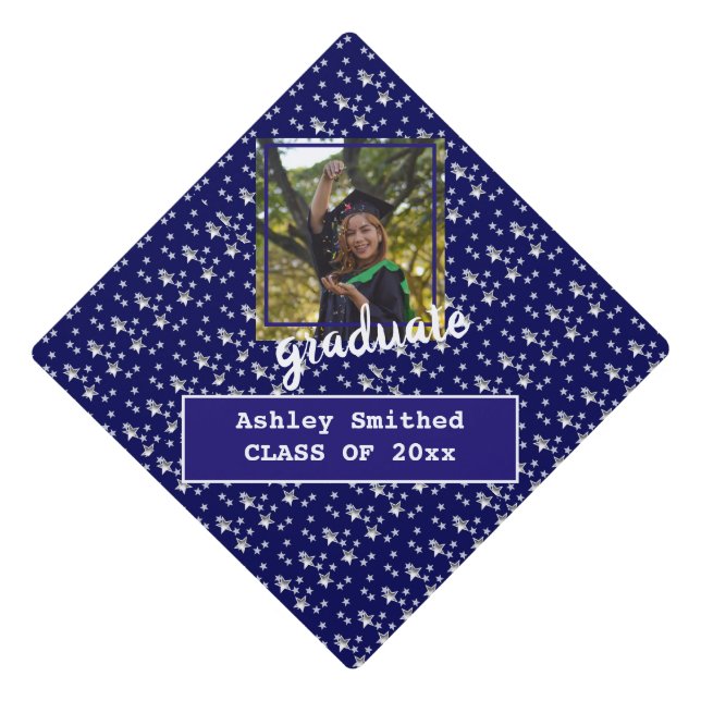 Cool Blue Stars Photo Frame Graduation Blue Graduation Cap Topper (Front)