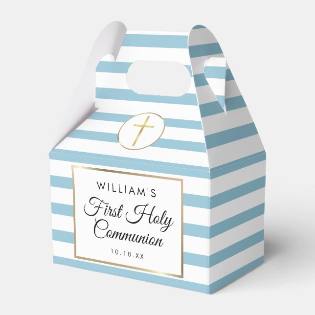 Cool Blue Stripe Gold First Holy Communion Favor Boxes (Front Side)