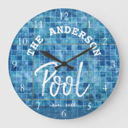 Cool Blue Tile Swimming Pool Family Name Custom La Large Clock