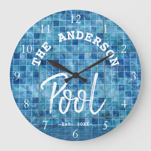 Cool Blue Tile Swimming Pool Family Name Custom La Large Clock