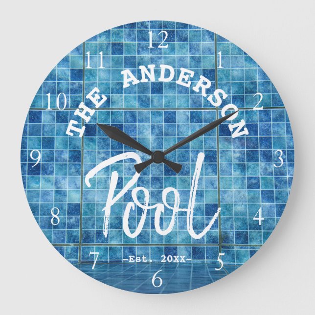 Cool Blue Tile Swimming Pool Family Name Custom La Large Clock (Front)
