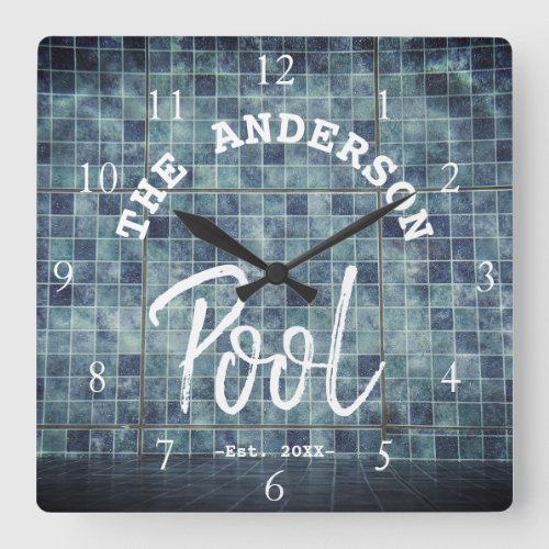 Cool Blue Tile Swimming Pool Family Name Custom La Square Wall Clock