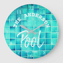 Cool Blue Tile Swimming Pool Family Name Custom Large Clock