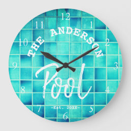 Cool Blue Tile Swimming Pool Family Name Custom Large Clock
