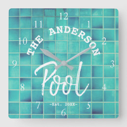 Cool Blue Tile Swimming Pool Family Name Custom Sq Square Wall Clock