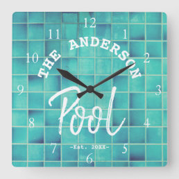 Cool Blue Tile Swimming Pool Family Name Custom Square Wall Clock