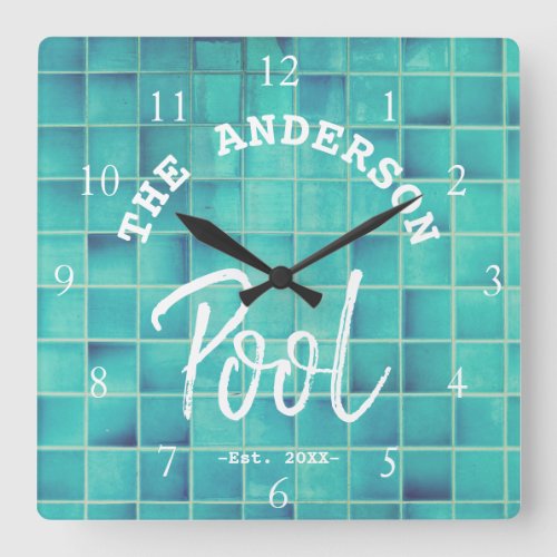 Cool Blue Tile Swimming Pool Family Name Custom Square Wall Clock