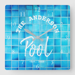 Cool Blue Tile Swimming Pool Family Name Custom  Square Wall Clock