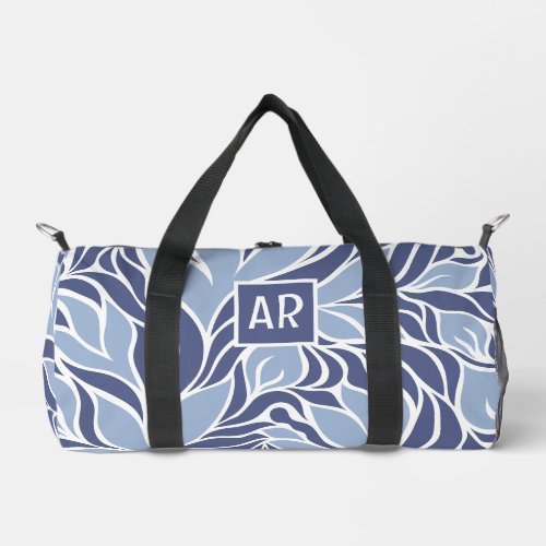 Cool Blue  White Modern Floral Pattern Monogram Duffle Bag