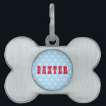 Cool Blue White Stars Red Dog Cat Puppy Kitty Name Pet ID Tag<br><div class="desc">Create your own custom, personalized, bold christmas red rustic vintage western script / typography custom name at front and back, and retro cool chic stylish geometric trendy light blue and white stars pattern background, UV resistant and waterproof, burnished silver bone-shaped pet dog cat doggy puppy kitten kitty ID name tag....</div>