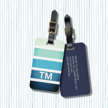Cool Blue White Stripes Monogram Luggage Tag by Weaselgift at Zazzle