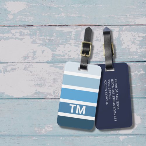 Cool Blue White Stripes Monogram Luggage Tag