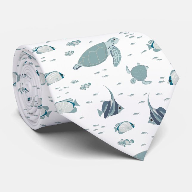 Cool Blue White Turtles and Fish Ocean Pattern Neck Tie (Rolled)