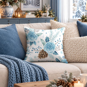 Cool Blue Winter Blooms Throw Pillow Home Decor