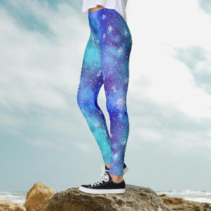 Cool Blue Winter Sky Snowflake Pattern Watercolor Leggings