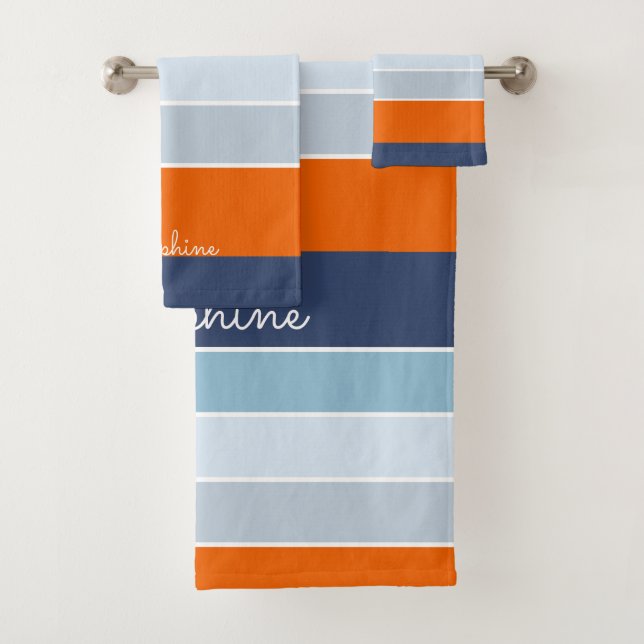 Cool blues and orange stripes custom name bath towel set (Insitu)