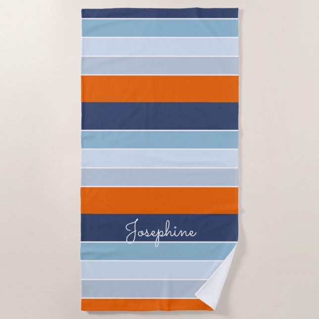 Cool blues and orange stripes custom name beach towel (Front)