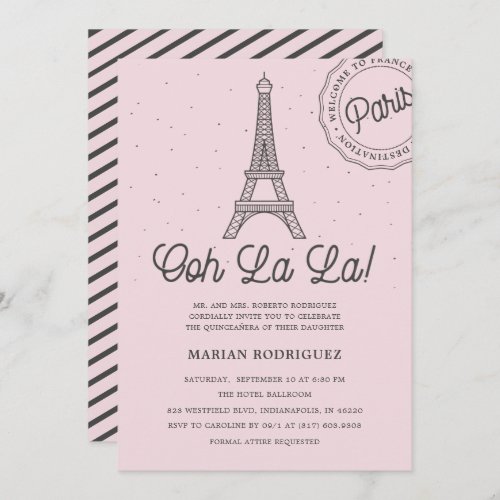 Cool Blush Pink Eiffel Tower Paris Quinceaera Invitation