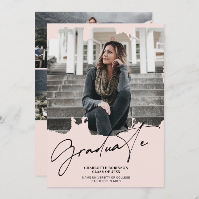 Cool blush pink graduate script photo graduation invitation (Front/Back)