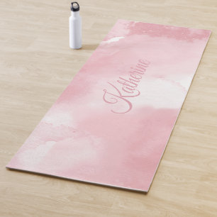 Cool Blush Pink Watercolor Script Name  Yoga Mat