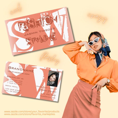 Cool Blush Red White with Photo and Monogram Business Card