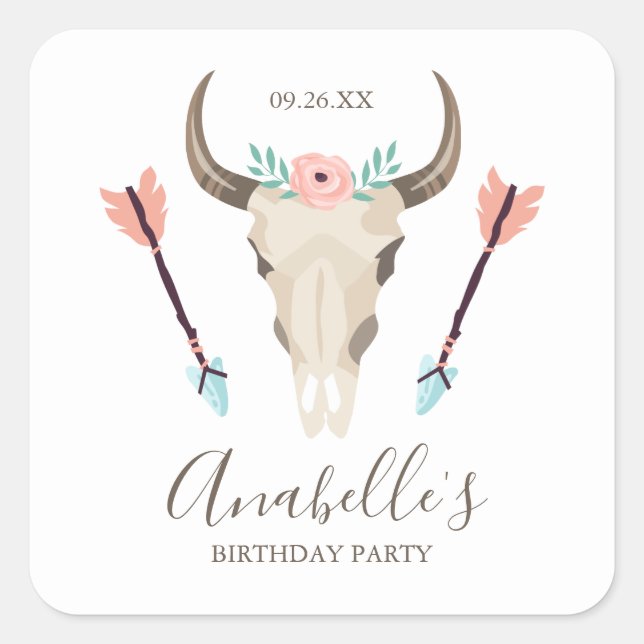 Cool Boho Cow Skull Square Sticker (Front)