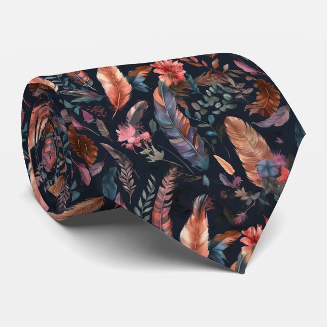 cool Boho feathers and flowers  Neck Tie (Rolled)