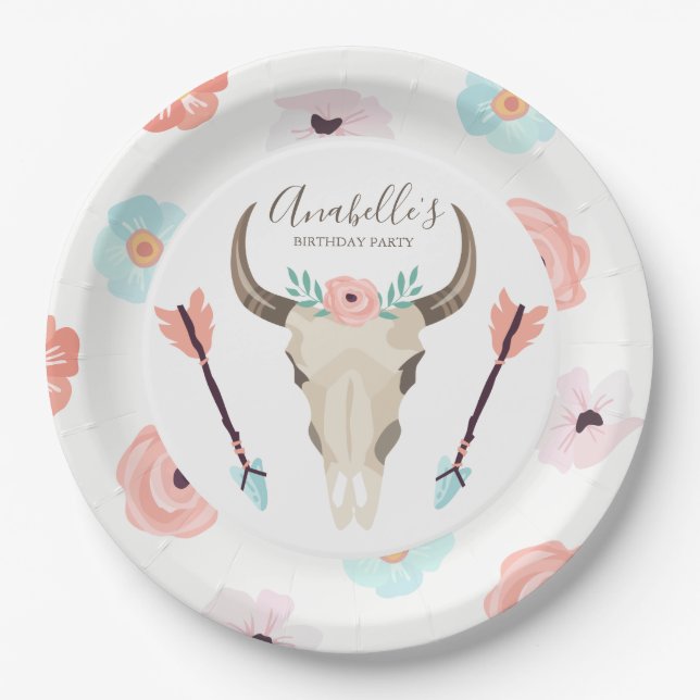 Cool Boho Floral Cow Skull Paper Plates (Front)