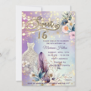 Cool boho floral glitter String lights sparkle Invitation