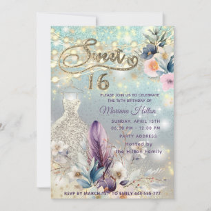 Cool boho floral glitter String lights sparkle Invitation