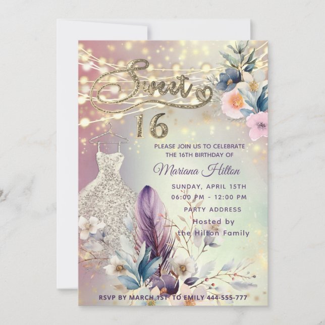 Cool boho floral glitter  String lights sparkle  Invitation (Front)
