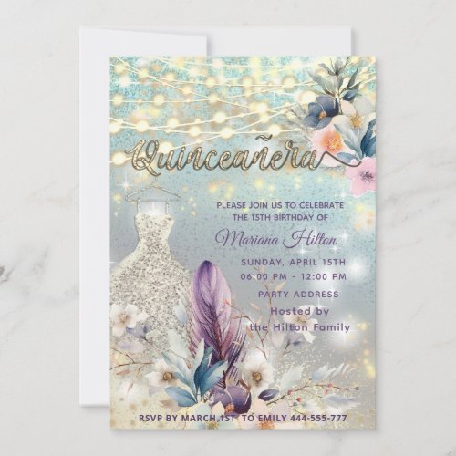 Cool boho floral glitter  String lights sparkle  Invitation