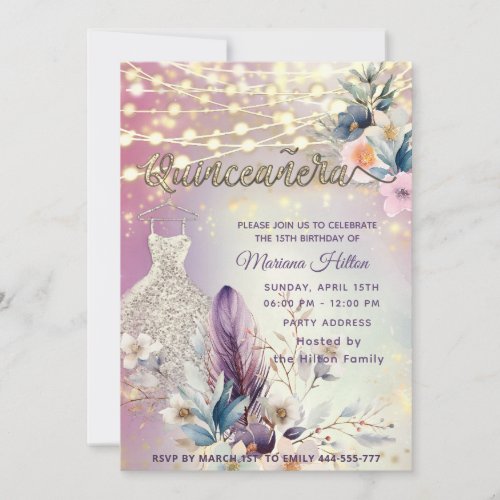 Cool boho floral glitter  String lights sparkle  Invitation