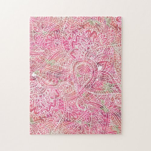 Cool boho pink floral paisley pattern illustration jigsaw puzzle