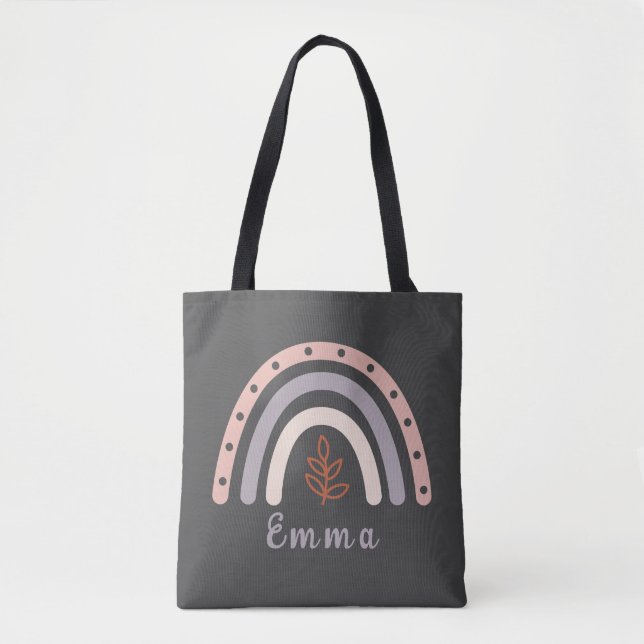 Cool Boho Rainbow with Personalized Name Tote Bag (Front)