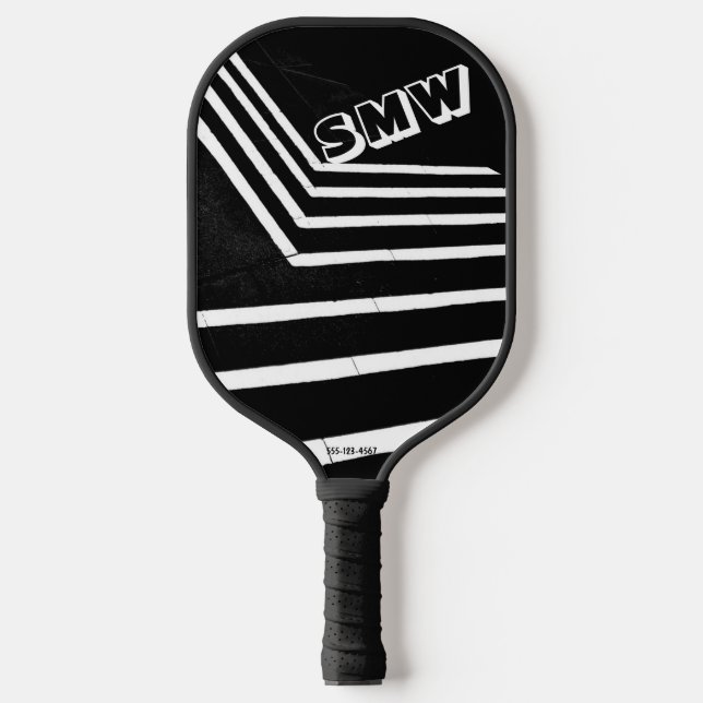 Cool Bold Black, White Lines, Custom Monogram Pickleball Paddle (Front)